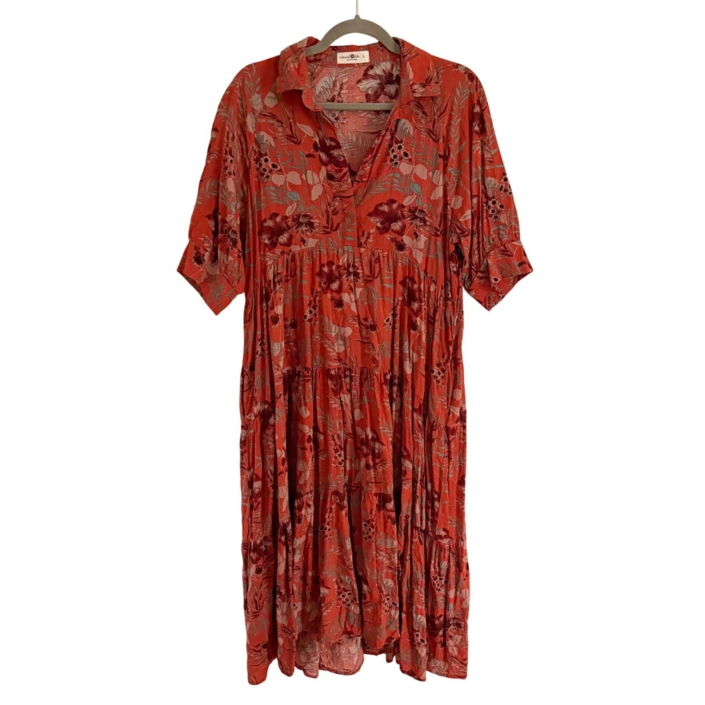 Natural Life Floral Midi Maxi Dress Rust Orange Tiered Boho Rayon Cotton Large